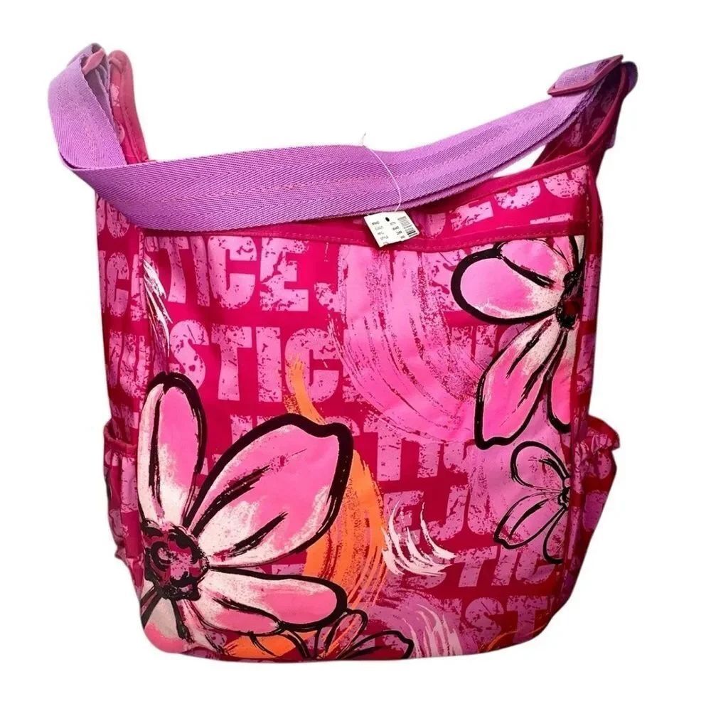 NWT Vintage Justice Pink Floral Waterproof Crossbody Mesh Lined Drawstring Bag